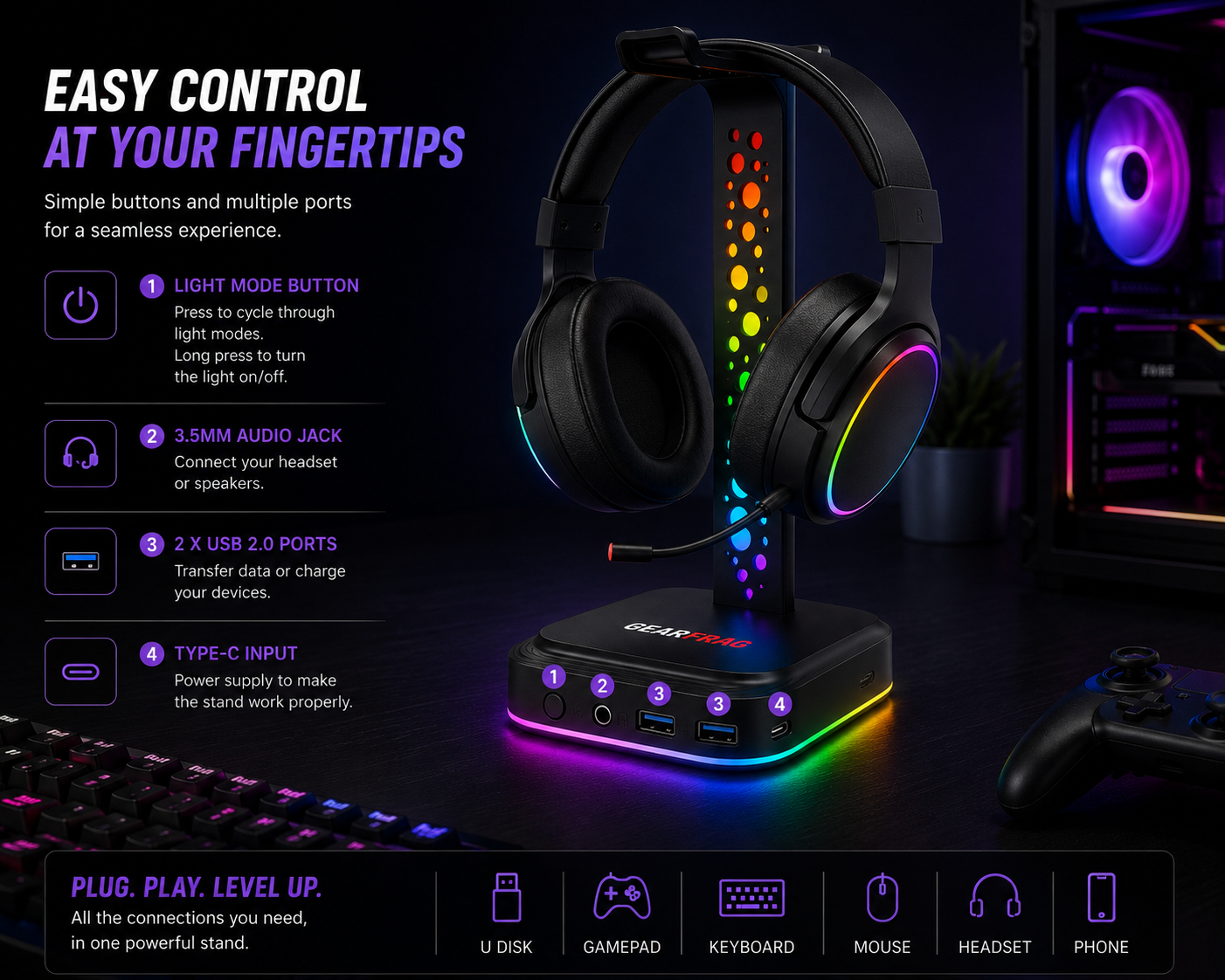 GEARFRAG 5-in-1 RGB Headset Stand
